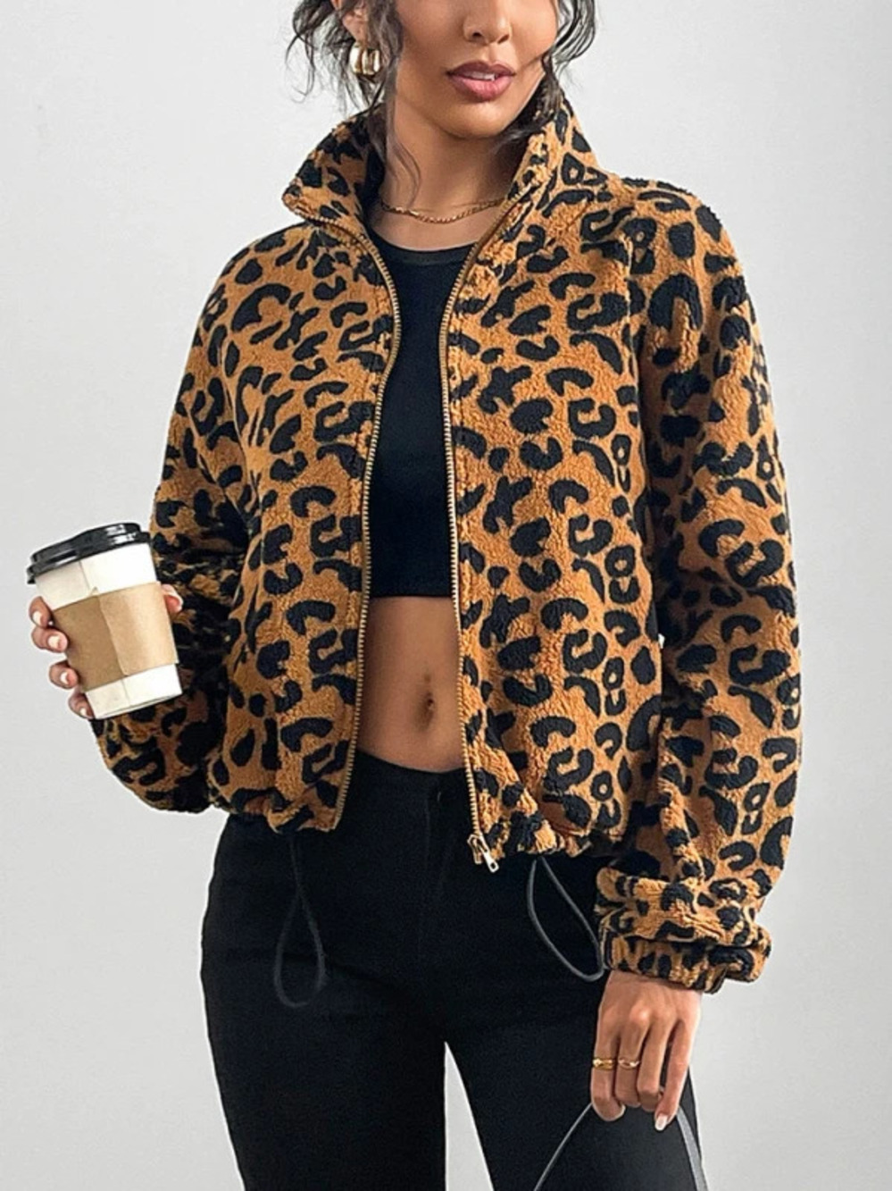 ZARA Leopard Print Shiny Fleece Zip Up Cardigan Loose Fit Fall Winter